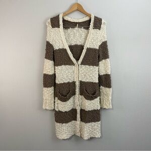 Free People Cream & Brown‎ Chunky Cuddle Bear Striped Boucle Knit Cardigan Small